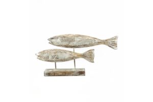 Add a coastal vibe to your home with this Double Wooden Fish Decor on Stand. This unique decorative piece features two intricately carved wooden fish displayed in a natural