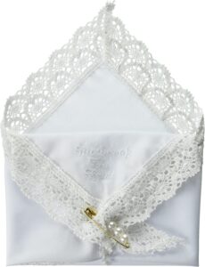 This beautiful hankie is embossed with the words "Mother of the Bride" and is accented with a pearl embellished gold pin. The handkerchief is the perfect keepsake to cherish for years after the celebration. WhiteMoth