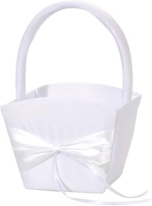 This satin flower basket is the perfect accessory for the flower girl to carry down the aisle. Add rose petals to match the theme of the special occasion.White7" x 7" x 3.75" (17.78 cm x 17.78 cm x 9.52 cm)