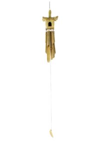 Infuse your home or garden with the soothing sounds and rustic beauty of this Bamboo and Bird House Wind Chime. This delightful piece is crafted from natural bamboo and features a birdhouse-inspired design at the top